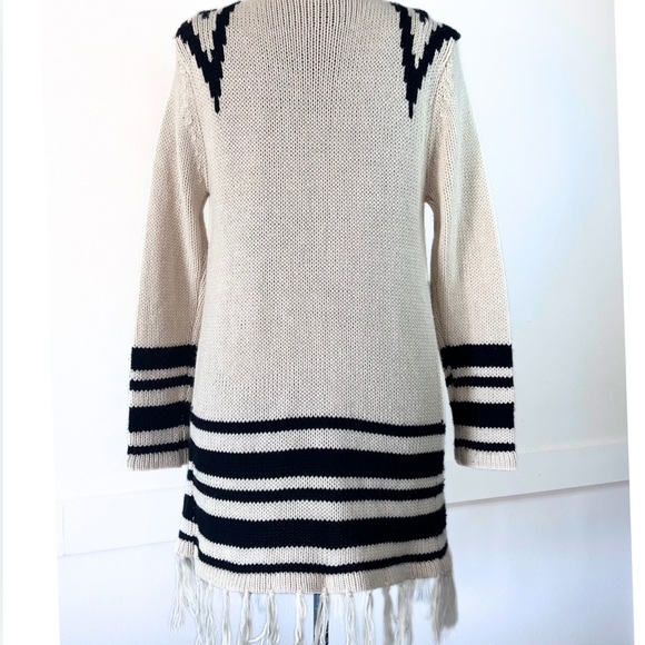 Western Style Knit Stripe Waterfall Fringe Cardigan Black & Cream Sweater- M - Picture 3 of 7